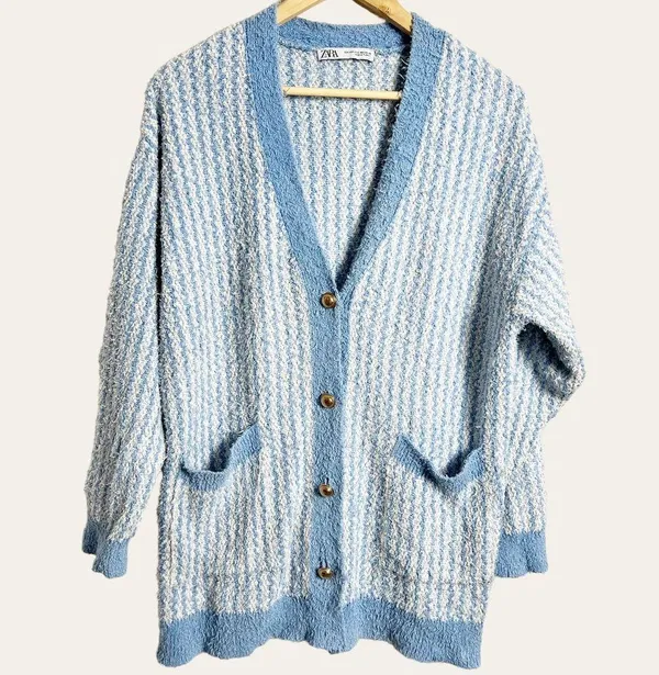 ZARA Blue Chunky Oversized Tweed Striped Button Cardigan Sweater Size S - Image 4