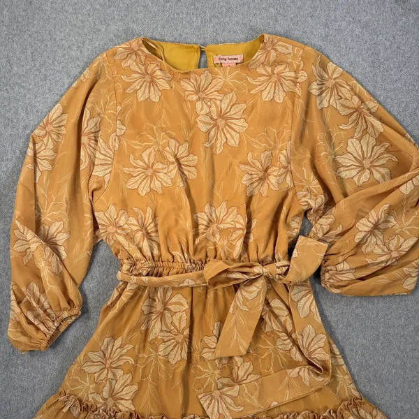 Flying Tomato Size Small Yellow Floral Elastic Waist Ruffle Tie Belt Mini Dress - Image 2