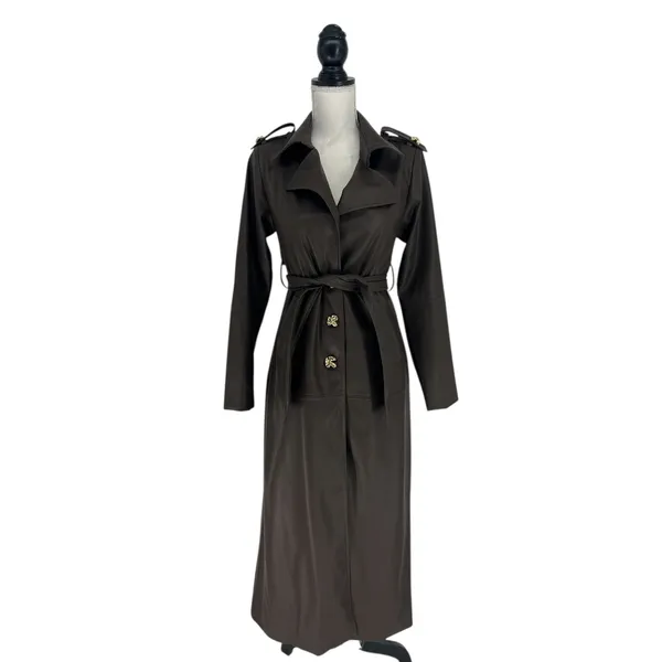 Wyld Blue Faux‎ Leather Trench Coat Dark Chocolate Size XS - Image 4