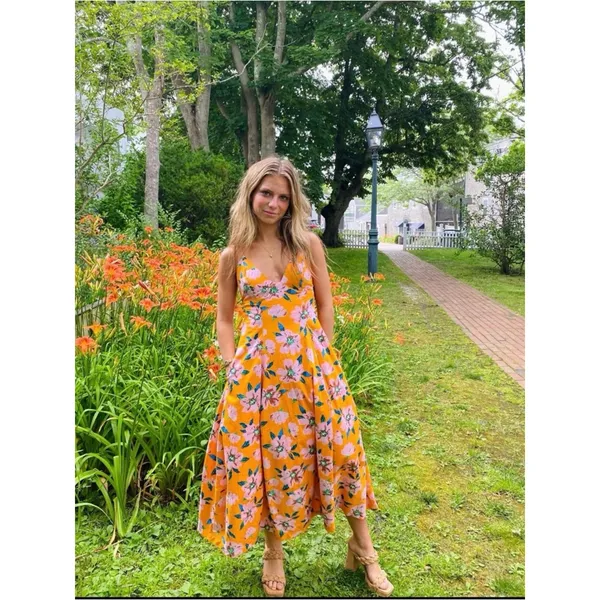 Free People Finer Things Printed Halter Midi Dress Sunshine Combo Tropical Large - Image 15