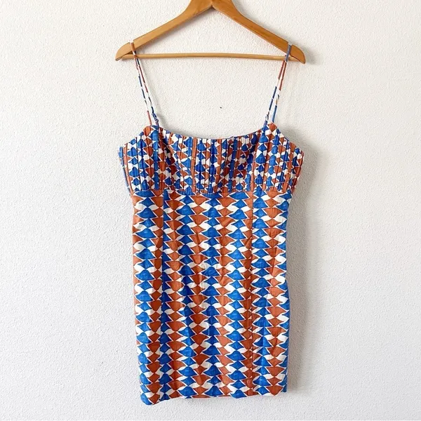 Anthropologie Maeve Ophelia Linen Blend Blue Multi Square Neck Geometric Mini Dress - Image 3