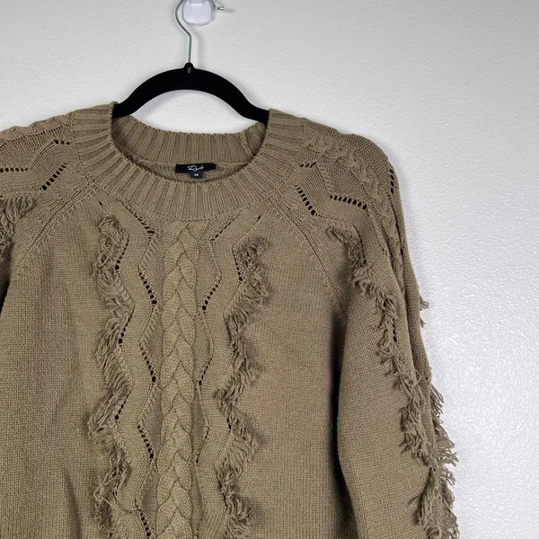 Rails Francis Cable Knit Fringe Sweater Olive Green XS Pullover‎ Crew Neck - Image 4