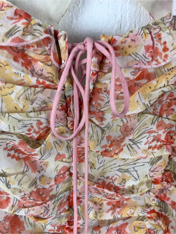 FREE PEOPLE Mabel Floral Ruching Sheer Balloon Sleeves Smocked Back Top Small - Image 9