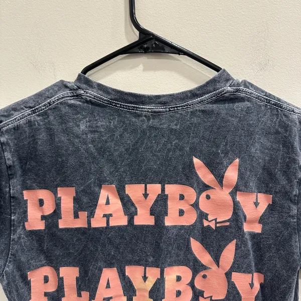 Playboy Acid Wash Graphic T-Shirt Gray Pink Bunny Logo Short Sleeve Small Grunge - Image 5