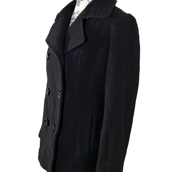 Womens Black Wool Blend Peacoat Size M Double Breasted 6 Button Long Winter Coat - Image 2