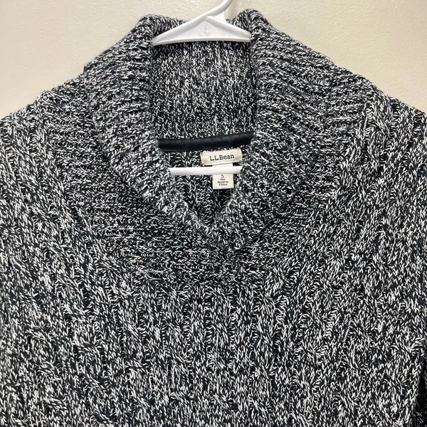 LL Bean Black Marled Pullover Cable V Neck Shawl Collar Cotton‎ Sweater SMALL - Image 3