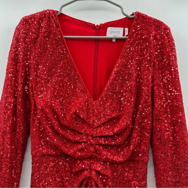 RTR One33 Social Red Sequin Drape Long‎ Sleeve Sheath Mini Dress Sz 4 - Image 4