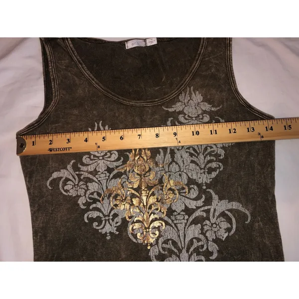 Y2K Tank Top Size M Acid Wash Brown Gold Foil Damask Floral Graphic 90s Revival - Image 4