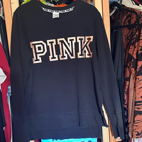 Victoria’s Secret PINK Black Crewneck Sweatshirt Rose Gold Foil Logo Long Sleeve - Image 2