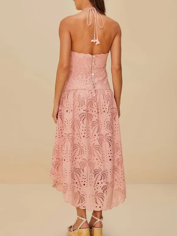 Farm Rio Blush Pink Palm Tree Eyelet Midi Dress in Pink - Image 3