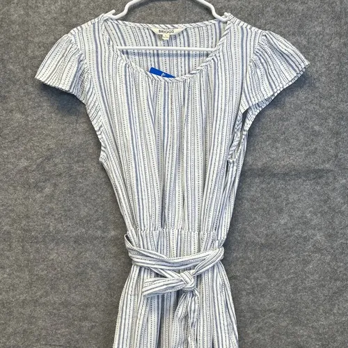 BRIGGS Linen Blend Midi Dress L Blue Striped Flutter Sleeve Belted NWT Coastal - Image 5