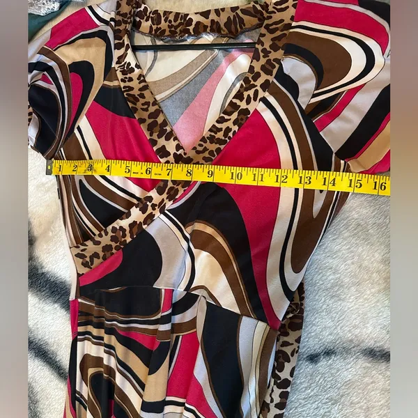 Vintage Psychedelic Vibrant Swirl Wrap Midi Dress Leopard Print Bold Colors - Image 5