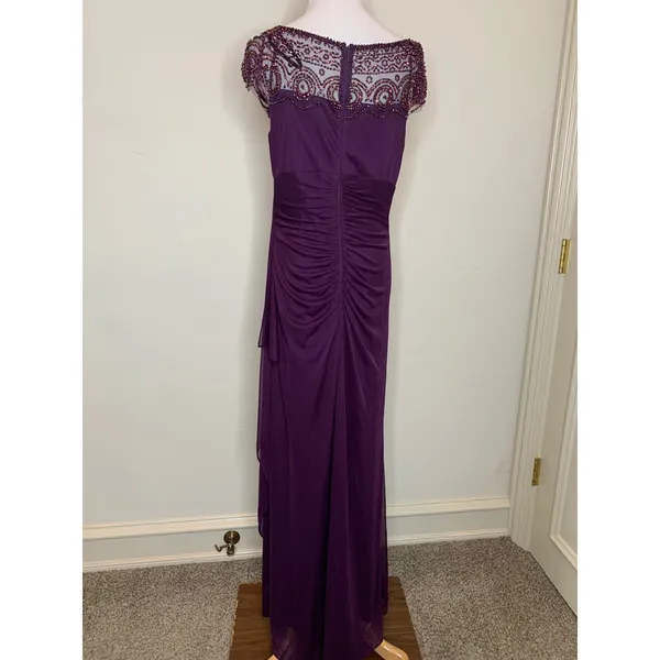 Xscape Purple Eggplant Beaded Bodice Formal Long Dress Gown Sz 14 Ruched Back - Image 2