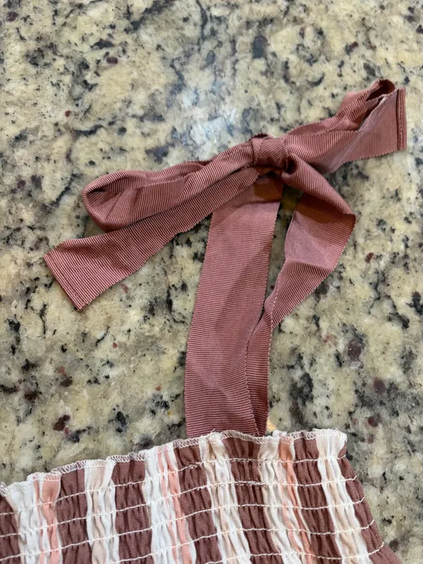 Bobeau mauve and beige vertical striped flutter blouse with ribbon tie straps - Image 2