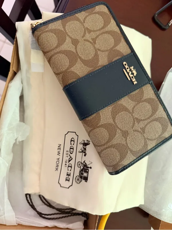 Coach Brown Signature Zip-Around Wallet with Black Leather Trim - Image 13