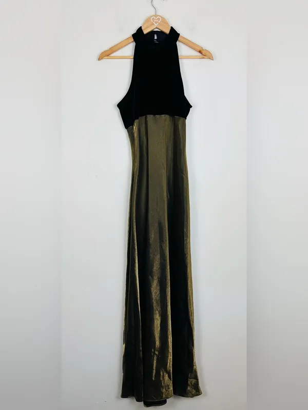 Vintage Roberta 90s Gold Lamé Bias Cut Velvet Halter Maxi Gown 9/10 - Image 2