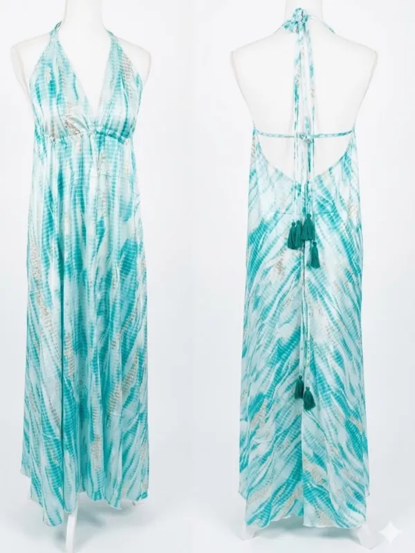 Seafoam Halter Maxi Dress - Flowing Aqua & White Print - Image 2