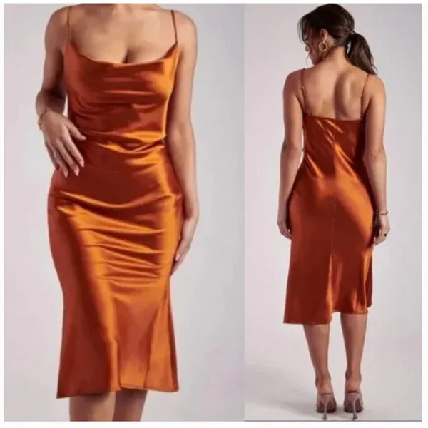Meshki Tabitha Cowl Neck Midi Dress Burnt Orange - Image 9