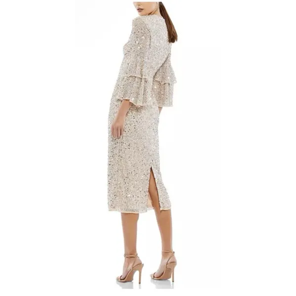 NWT Mac Duggal FULLY SEQUINED TIERED 3/4 SLEEVE MIDI Nude Size 6 - Image 3