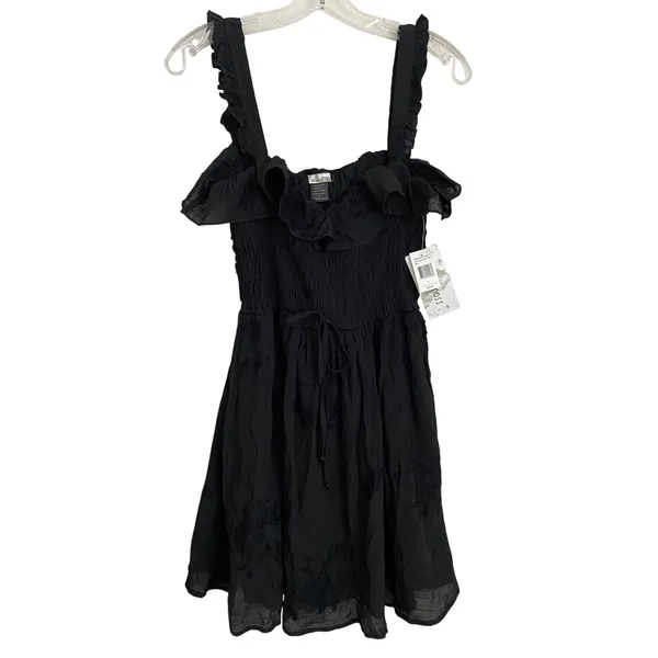 Wild Moss Womens Smocked Body‎ Mini Dress Black Floral Embroidered Ruffle L NWT - Image 2