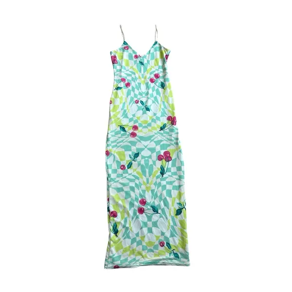 AFRM Amina Mesh Midi Slip Dress Size XS Green Checkered Red‎ Cherry Print - Image 3