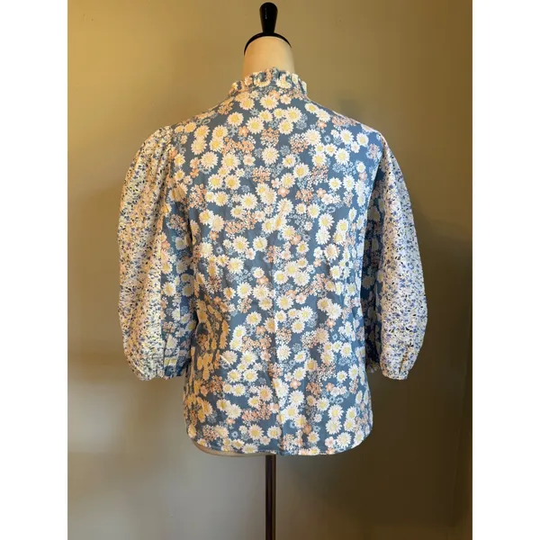 Solitaire Blue Floral Patchwork Ruffle Puff Top shirt blouse crochet boho cottag - Image 6