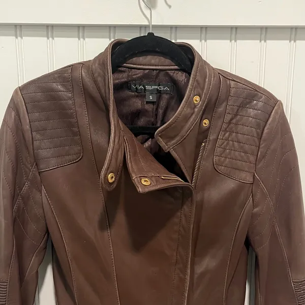 Via Spiga Moto Jacket Women S Brown Leather Biker Quilted Ribbed Gold Hardware - Image 2