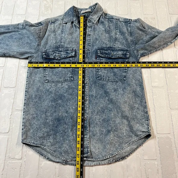 Vintage 80s Levis Sportswear Acid Wash‎ Denim Button Up Shirt Small Sequin Bow S - Image 15
