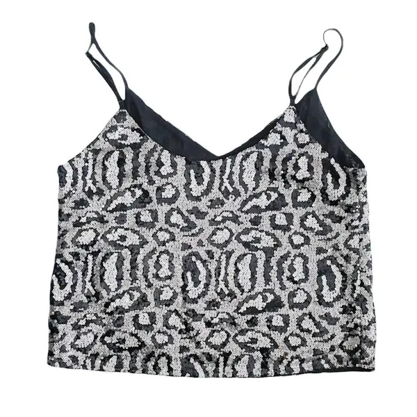 GILLI Sequin Leopard Print Crop Tank Top Camisole Black Silver Adjustable Size M - Image 5