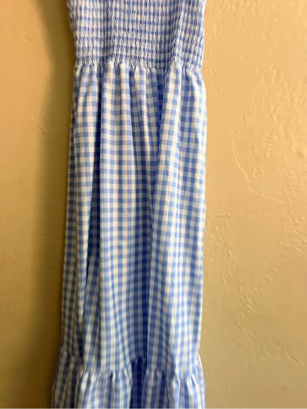 Smocked Gingham Maxi Dress with Ruffle Straps - Light Blue, length 52" - Image 2