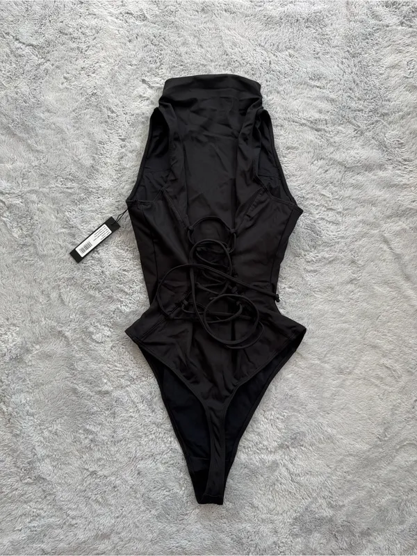 TA3 Sleeveless Surfy Thong Snatched Waist Lace Back Swimsuit Black Medium Reg - Image 5