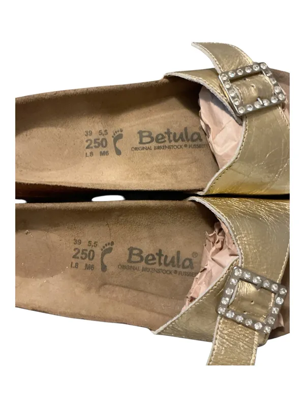 NWOT Betula by Birkenstock Metallic Gold Crystal Buckle Cork Slides Size 39 / 8 - Image 3
