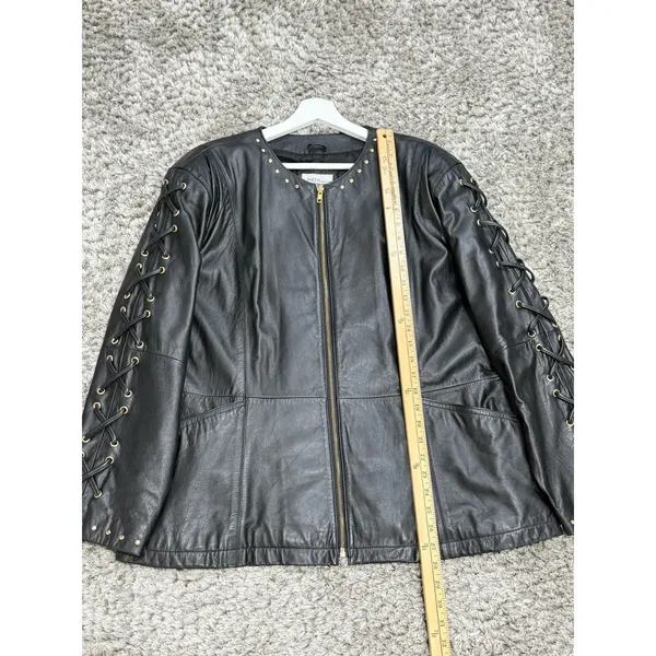 Vintage Women’s Black Leather Jacket Lace Up Studded Biker Y2K Punk Goth Size S - Image 11
