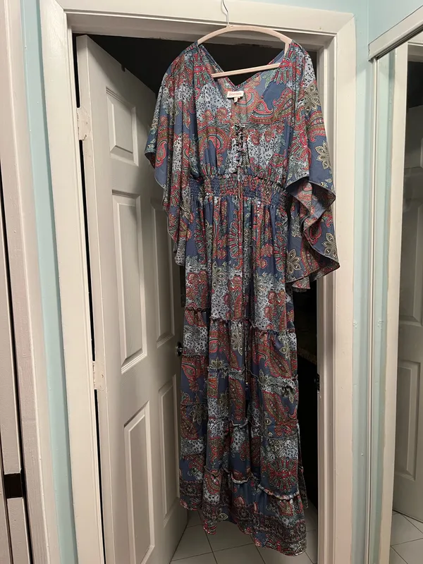 L Boemo Women’s Blue Paisley Animal Tiered Bohemian Maxi Dress Smocked Waist - Image 3