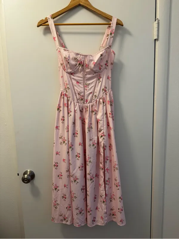 Amazon Floral Pink Corset Midi Dress with Side Slit - Image 2