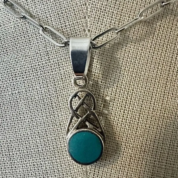 Sterling Silver Celtic Knot Pendant Necklace with Turquoise-Colored Stone - Image 2