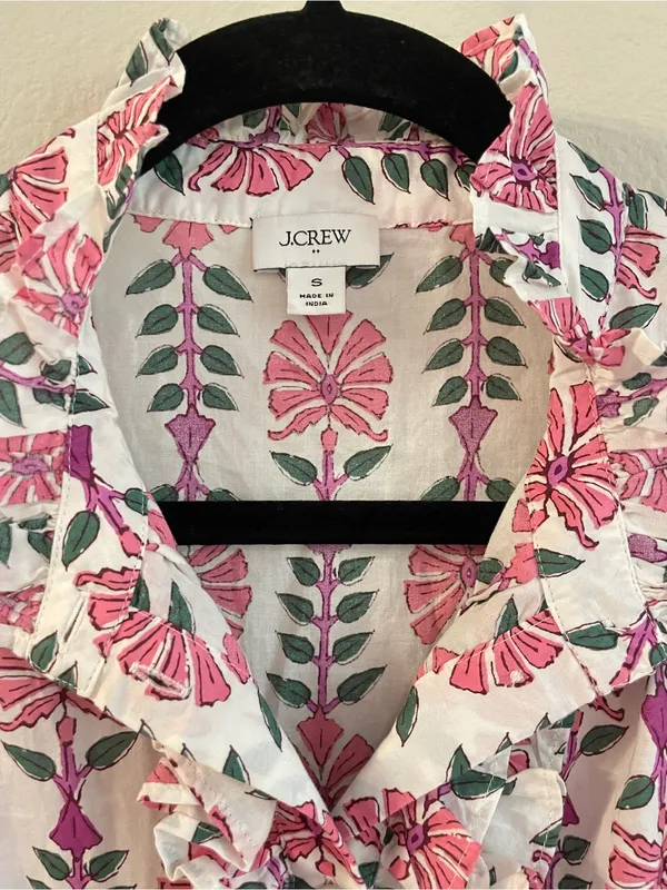 J. Crew Floral Hand Block Print Ruffle Placket Blouse Size S - Image 3