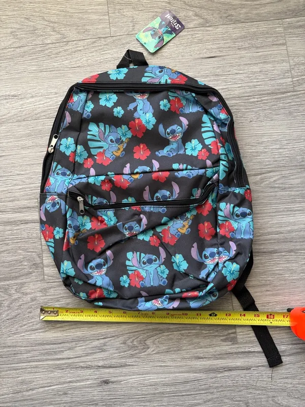 Disney Black Backpack with Blue Stitch and Red Floral Accents - Image 4
