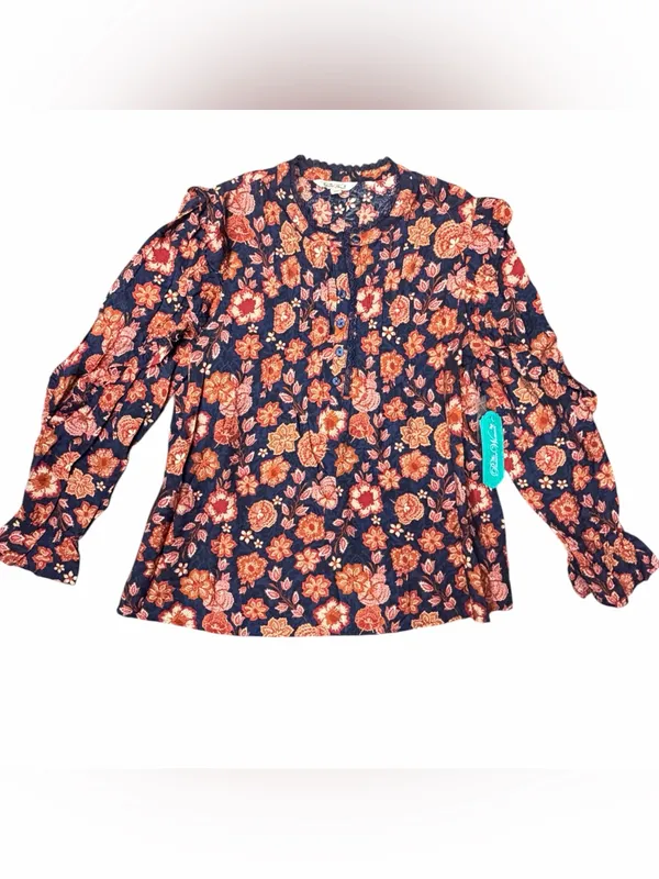 The Pioneer Woman XL Floral Pleated Ruffle Henley Blouse Boho NWT - Image 4