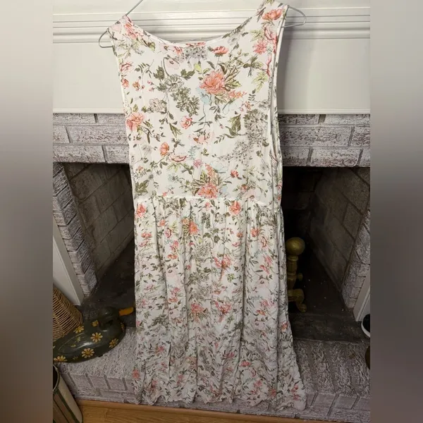 Frye Floral Maxi Dress Large Cream Pink Boho Cottagecore Sleeveless Button Front - Image 3