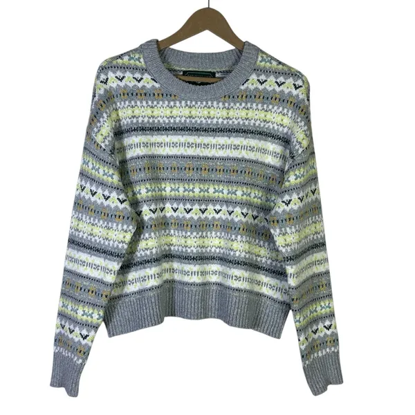 American Eagle Fair Isle Geometric Knit Sweater Grey Yellow Boho Cozy Size M - Image 3