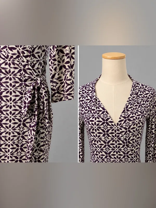 Diane Von Furstenberg Purple and Cream Floral Wrap Midi Dress - Image 3