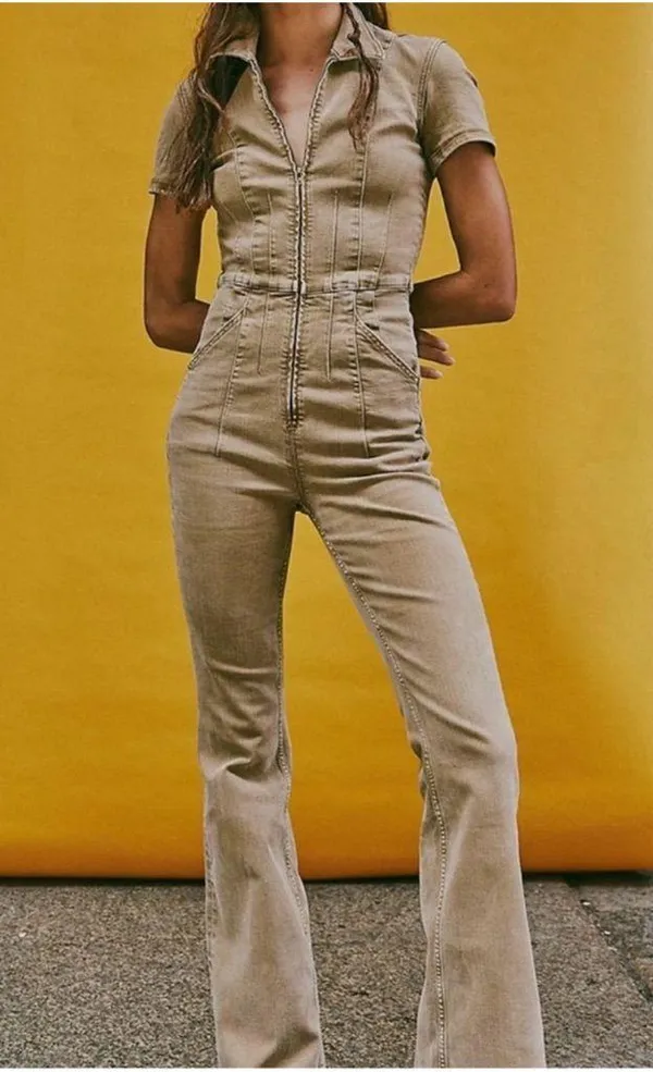 NEW Free People We The Free Jayde Flare Jumpsuit Pier 17 khaki Size Large - Image 2