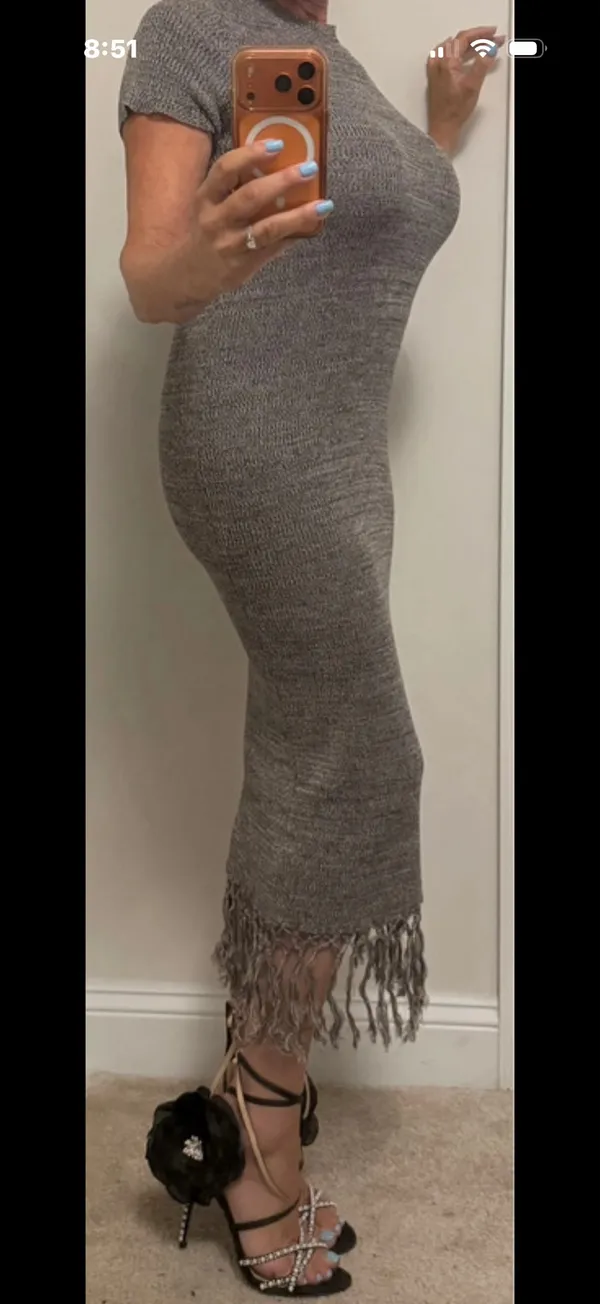 Heather gray marled fringe hem knit dress from the boutique brand Klesis - Image 2