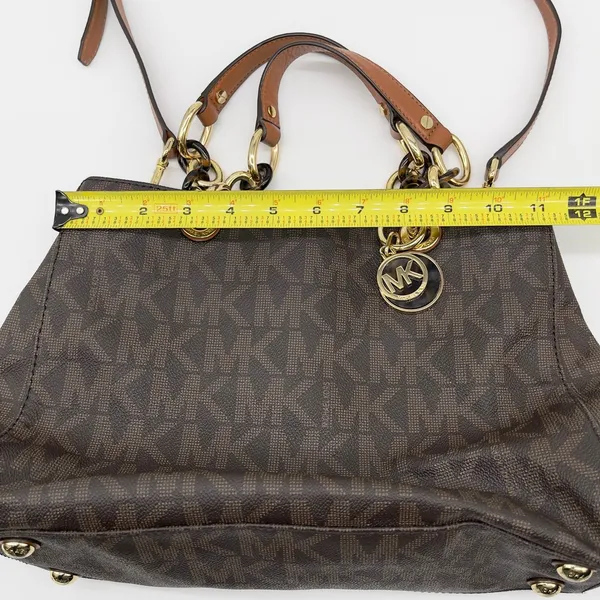 Michael Kors Cynthia Logo Medium Satchel‎ Brown Monogram Chain Shoulder Luxury - Image 12