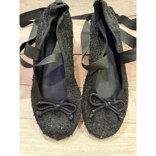 ZARA 37 / 6.5 women's black ballet flat slipper lace ankle tie shoe tweed ribbon - Image 2