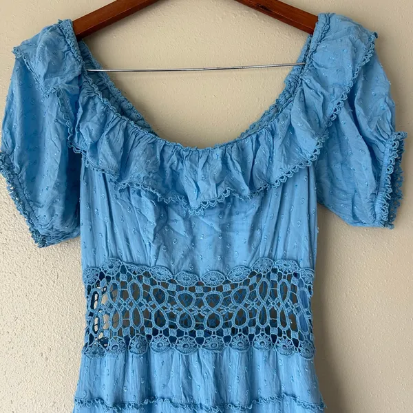 Free People Boho Blue Puff Sleeve Mini Dress Size 6 - Image 3