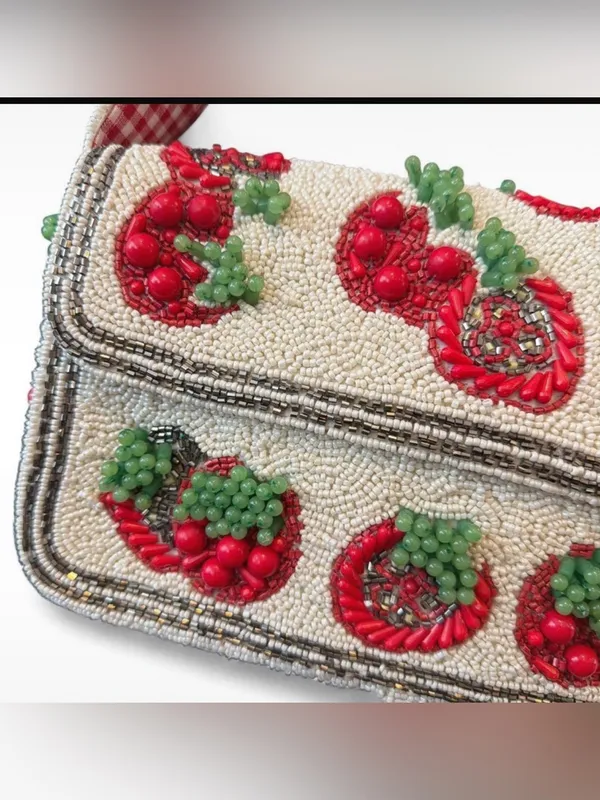 Beaded Cherry Shoulder Bag in Cream and Red - Image 9