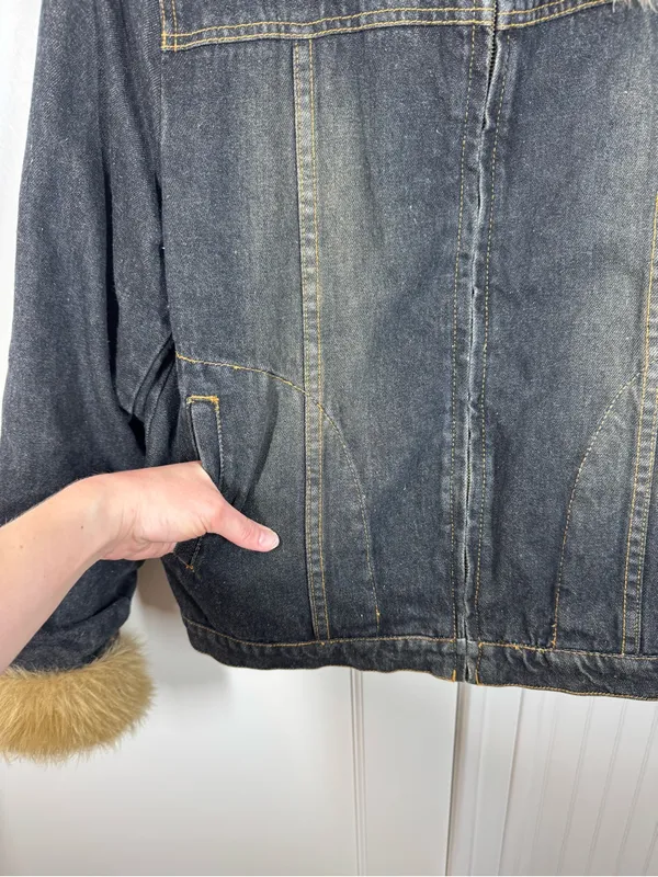 VTG Y2k Denim Jean Coat Womens M Chunky Fur 90s Bratz Retro Lizzy McGuire Boho - Image 7