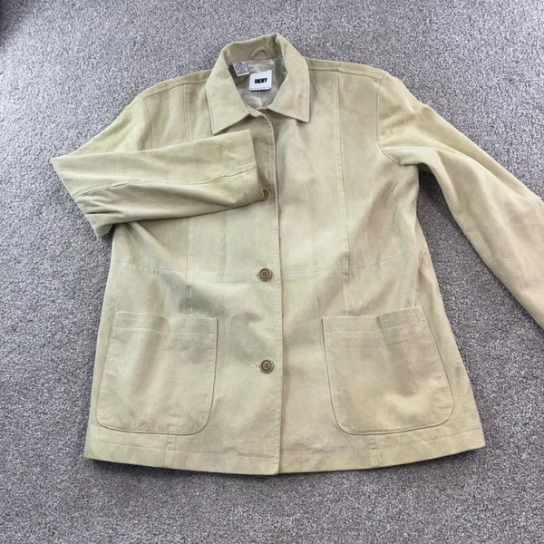DKNY Classic Beige Suede Blazer Jacket Womens‎ Size Medium Button Front Pockets - Image 11